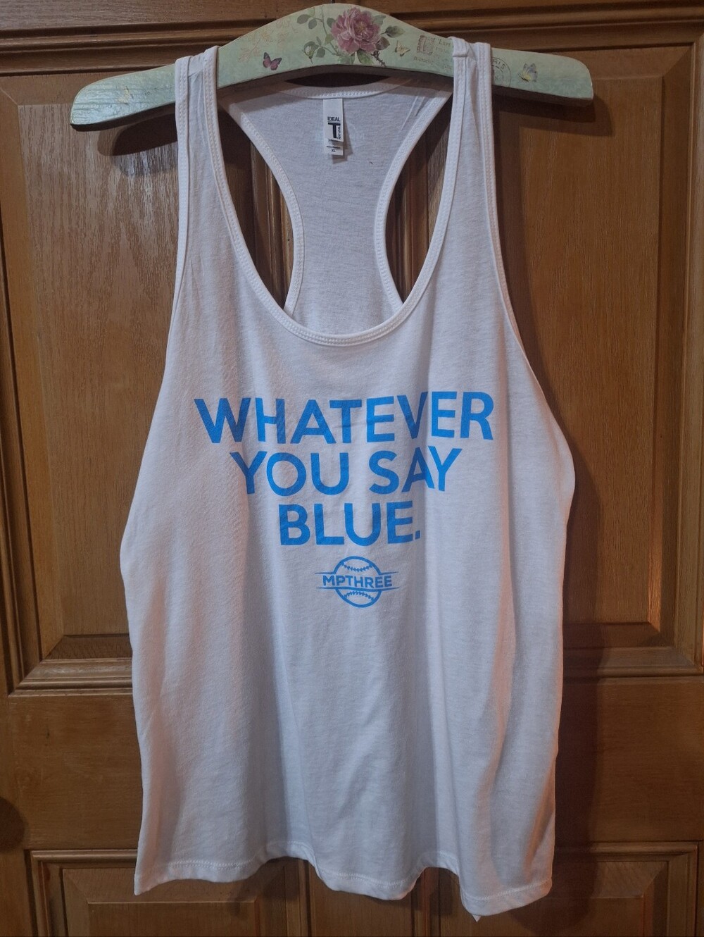 Next Level Apparel White Racerback Tank with Blue Graphic XL